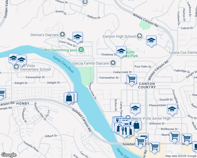 map of restaurants, bars, coffee shops, grocery stores, and more near 27520 Glasser Avenue in Santa Clarita