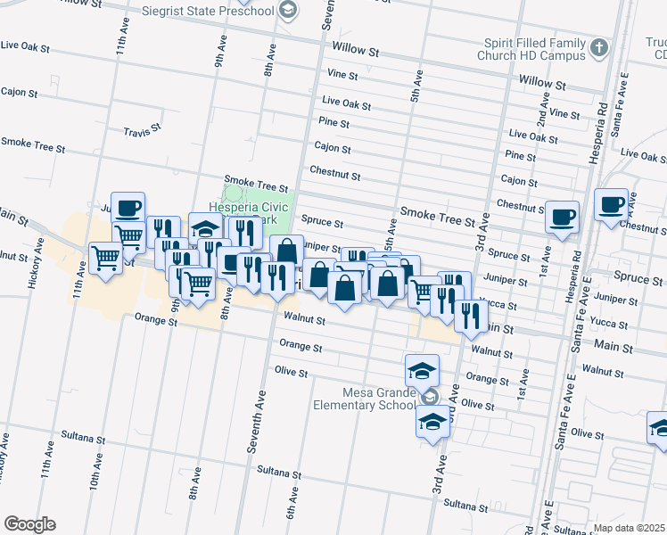 map of restaurants, bars, coffee shops, grocery stores, and more near 16005 Juniper Street in Hesperia