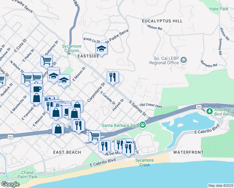 map of restaurants, bars, coffee shops, grocery stores, and more near 1406 Eucalyptus Hill Road in Santa Barbara