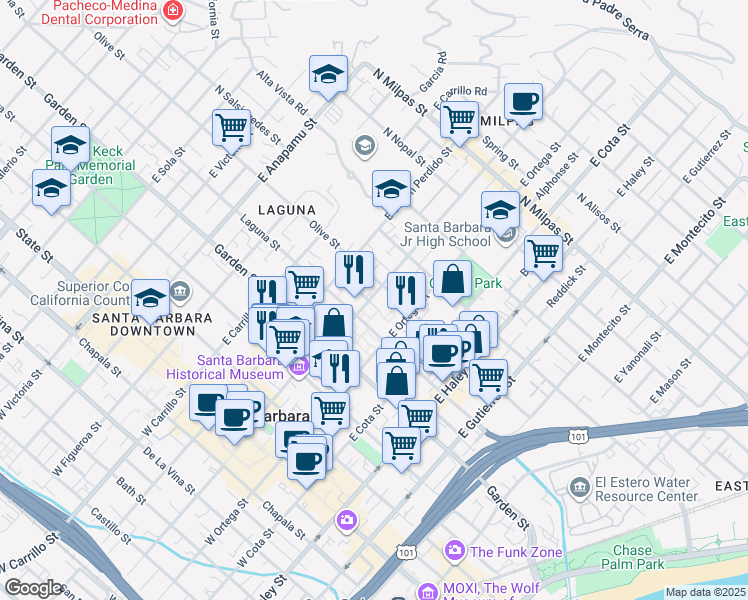 map of restaurants, bars, coffee shops, grocery stores, and more near 809 Olive Street in Santa Barbara