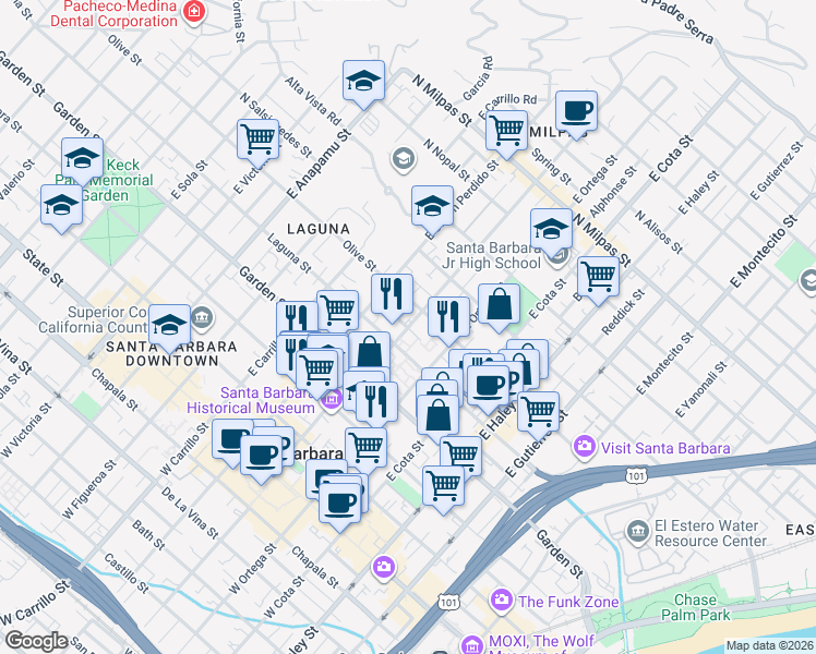 map of restaurants, bars, coffee shops, grocery stores, and more near 809 Olive Street in Santa Barbara