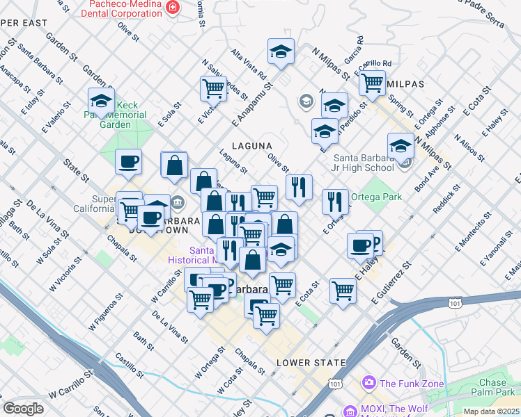 map of restaurants, bars, coffee shops, grocery stores, and more near 924 Laguna Street in Santa Barbara