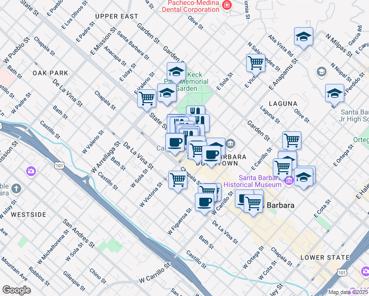 map of restaurants, bars, coffee shops, grocery stores, and more near 1316 State Street in Santa Barbara