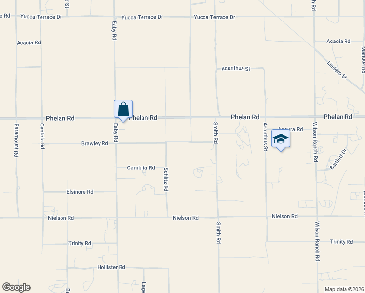 map of restaurants, bars, coffee shops, grocery stores, and more near 5971 Brawley Road in Phelan