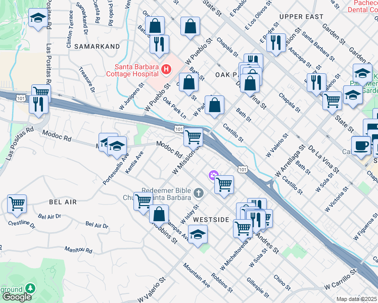 map of restaurants, bars, coffee shops, grocery stores, and more near 616 West Mission Street in Santa Barbara