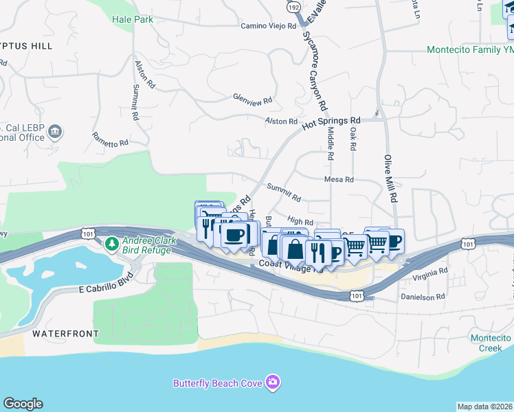 map of restaurants, bars, coffee shops, grocery stores, and more near 180 Hermosillo Road in Montecito