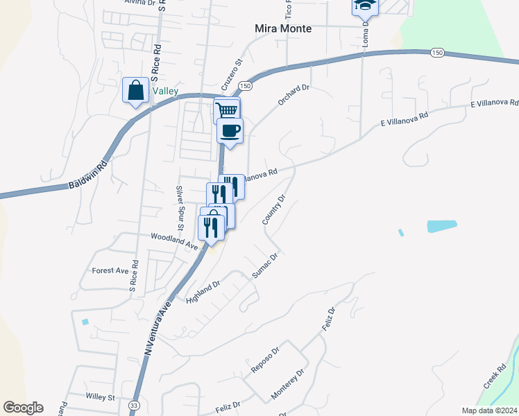 map of restaurants, bars, coffee shops, grocery stores, and more near 1918 Country Place in Ojai