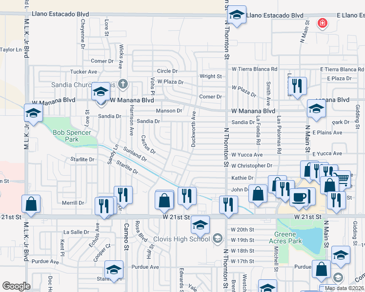 map of restaurants, bars, coffee shops, grocery stores, and more near 105 Westerfield Place in Clovis