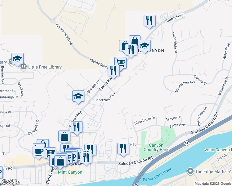 map of restaurants, bars, coffee shops, grocery stores, and more near 17930 Scherzinger Lane in Santa Clarita