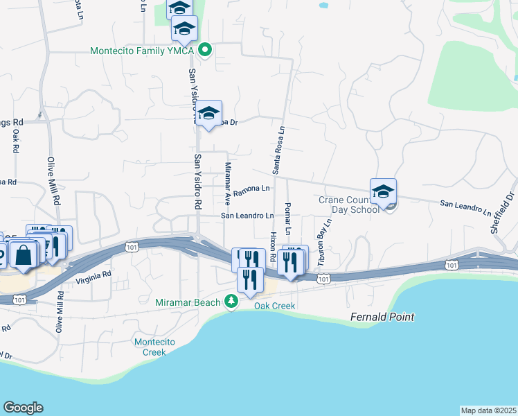 map of restaurants, bars, coffee shops, grocery stores, and more near 1586 San Leandro Lane in Montecito