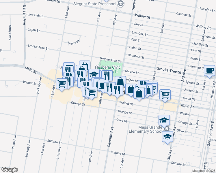 map of restaurants, bars, coffee shops, grocery stores, and more near in Hesperia