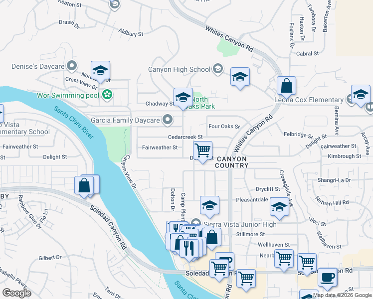 map of restaurants, bars, coffee shops, grocery stores, and more near 27718 Camp Plenty Road in Santa Clarita