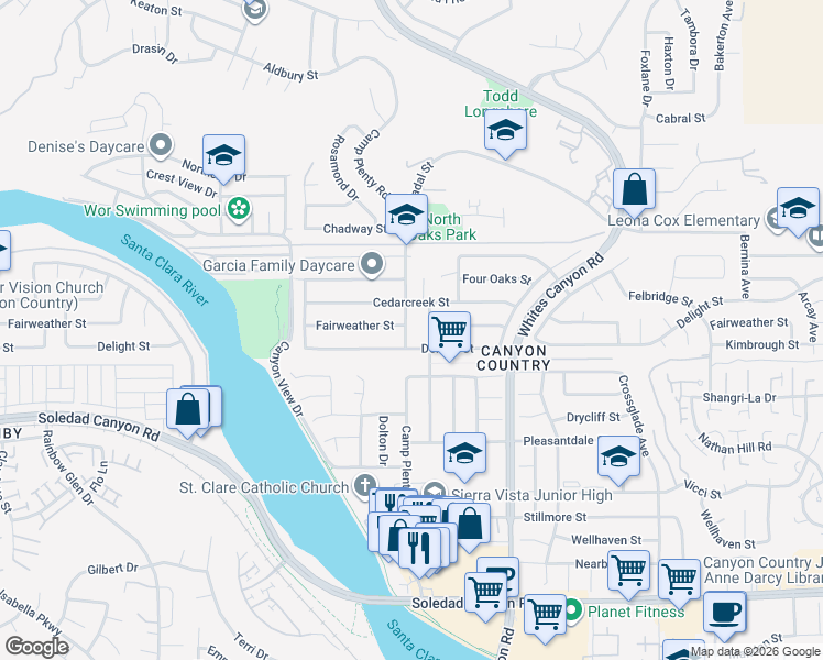 map of restaurants, bars, coffee shops, grocery stores, and more near 27718 Camp Plenty Road in Santa Clarita