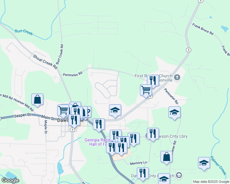 map of restaurants, bars, coffee shops, grocery stores, and more near 152 Rainhill Station Drive in Dawsonville