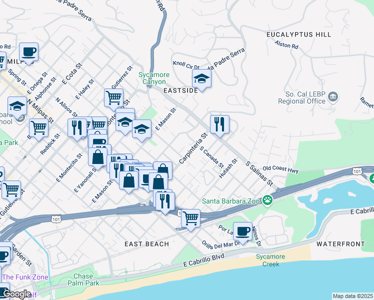 map of restaurants, bars, coffee shops, grocery stores, and more near 1230 Quinientos Street in Santa Barbara