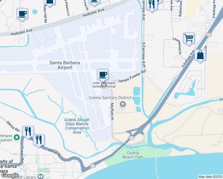map of restaurants, bars, coffee shops, grocery stores, and more near 500 Fowler Road in Santa Barbara