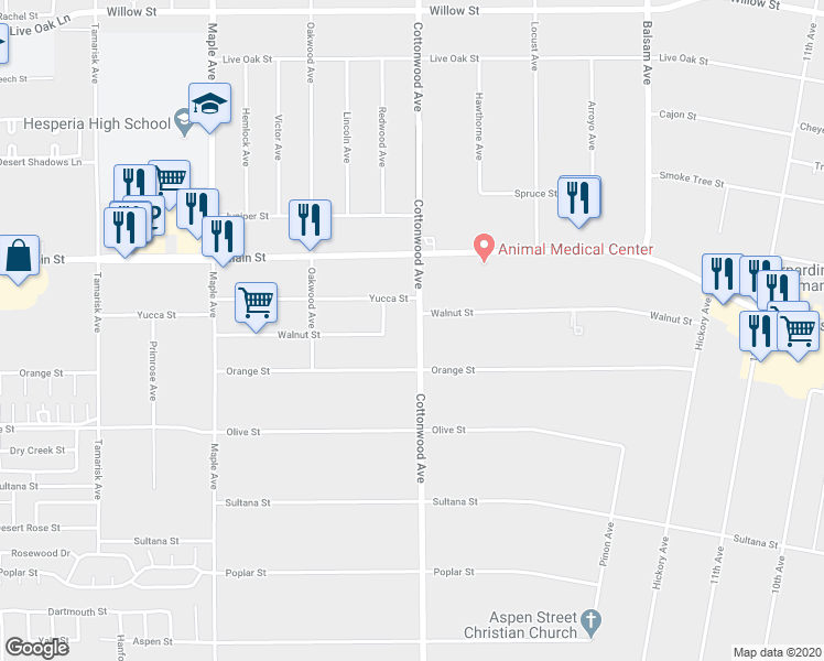 map of restaurants, bars, coffee shops, grocery stores, and more near 9568 Cottonwood Avenue in Hesperia