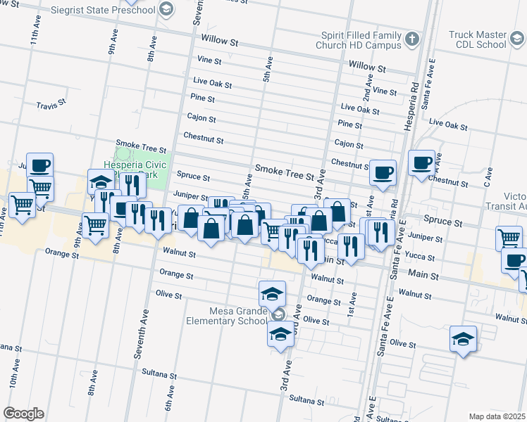 map of restaurants, bars, coffee shops, grocery stores, and more near Juniper Street in Hesperia