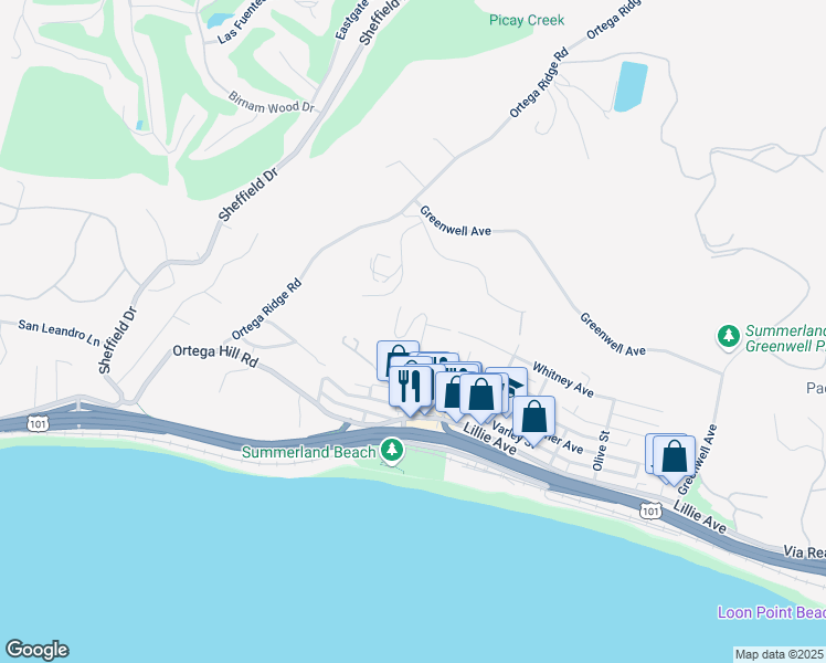 map of restaurants, bars, coffee shops, grocery stores, and more near 2235 Calle Culebra in Summerland