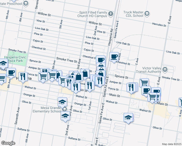 map of restaurants, bars, coffee shops, grocery stores, and more near 9558 2nd Avenue in Hesperia