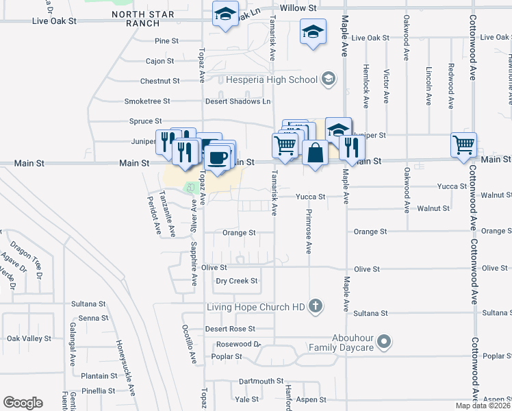 map of restaurants, bars, coffee shops, grocery stores, and more near 12279 Yucca Street in Hesperia