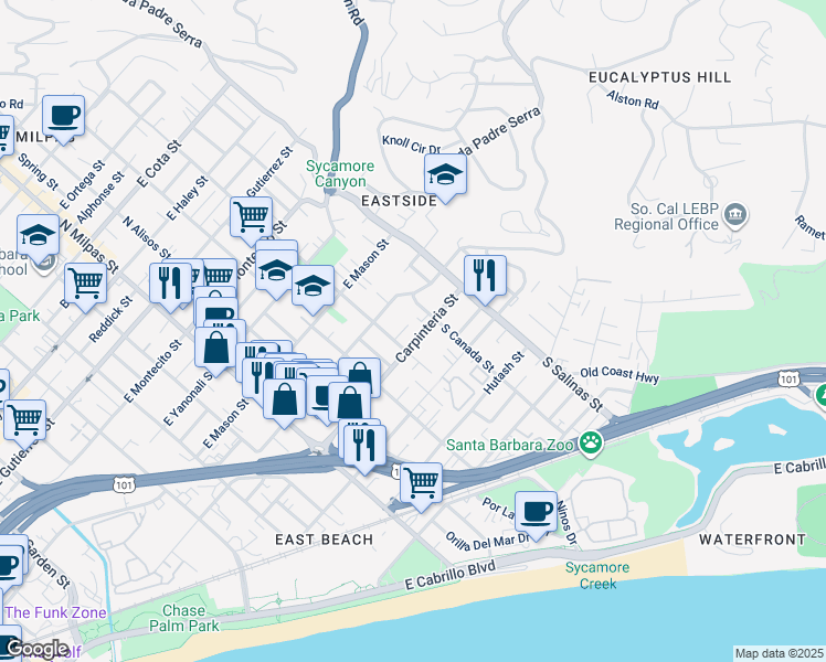 map of restaurants, bars, coffee shops, grocery stores, and more near 1230 Quinientos Street in Santa Barbara