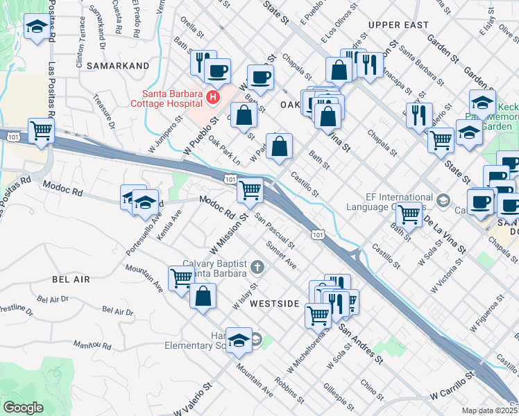 map of restaurants, bars, coffee shops, grocery stores, and more near 2011 Oak Avenue in Santa Barbara
