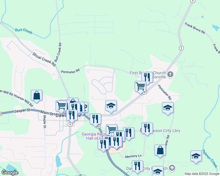 map of restaurants, bars, coffee shops, grocery stores, and more near 152 Rainhill Station Drive in Dawsonville
