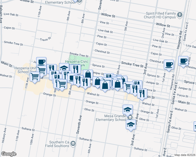 map of restaurants, bars, coffee shops, grocery stores, and more near 16000 Yucca Street in Hesperia