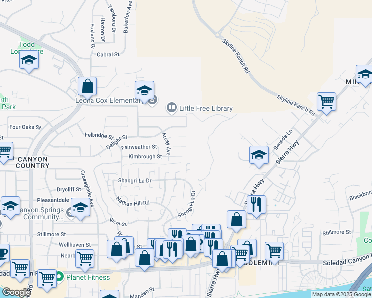 map of restaurants, bars, coffee shops, grocery stores, and more near 18502 Fairweather Street in Santa Clarita