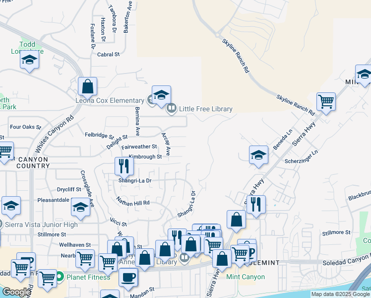 map of restaurants, bars, coffee shops, grocery stores, and more near 18502 Fairweather Street in Santa Clarita