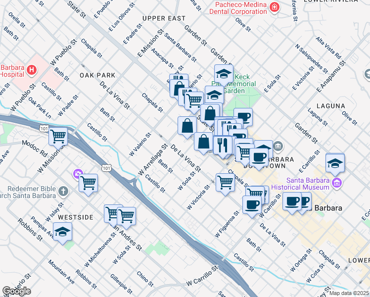 map of restaurants, bars, coffee shops, grocery stores, and more near 116 West Micheltorena Street in Santa Barbara
