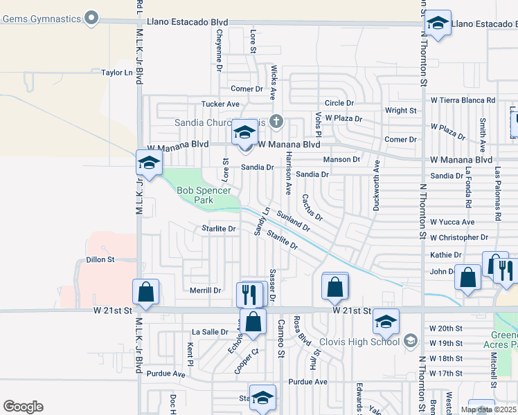 map of restaurants, bars, coffee shops, grocery stores, and more near 504 Sunland Drive in Clovis