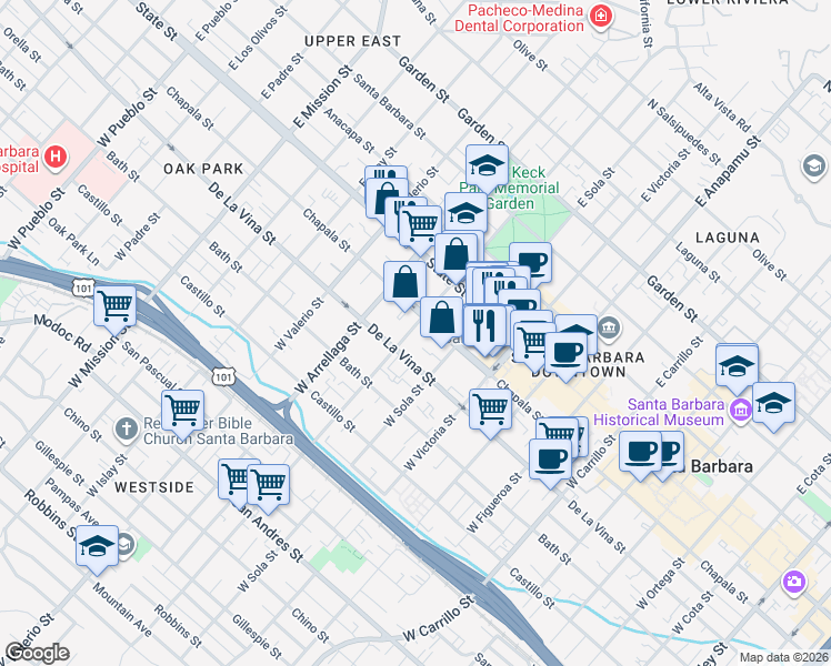 map of restaurants, bars, coffee shops, grocery stores, and more near 116 West Micheltorena Street in Santa Barbara