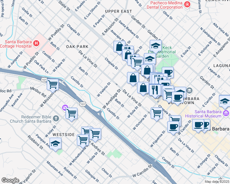 map of restaurants, bars, coffee shops, grocery stores, and more near 206 West Arrellaga Street in Santa Barbara