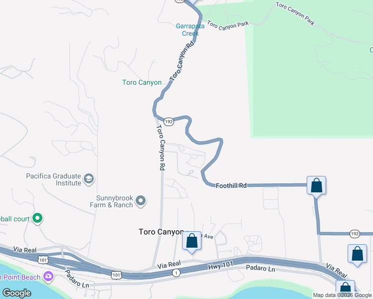 map of restaurants, bars, coffee shops, grocery stores, and more near 338 Toro Canyon Road in Carpinteria