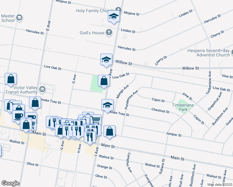 map of restaurants, bars, coffee shops, grocery stores, and more near 9530 Mango Avenue in Hesperia