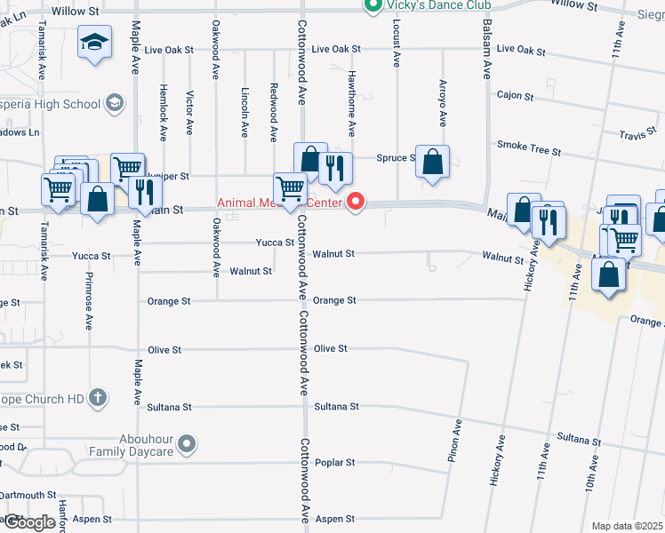 map of restaurants, bars, coffee shops, grocery stores, and more near 14961 Walnut Street in Hesperia