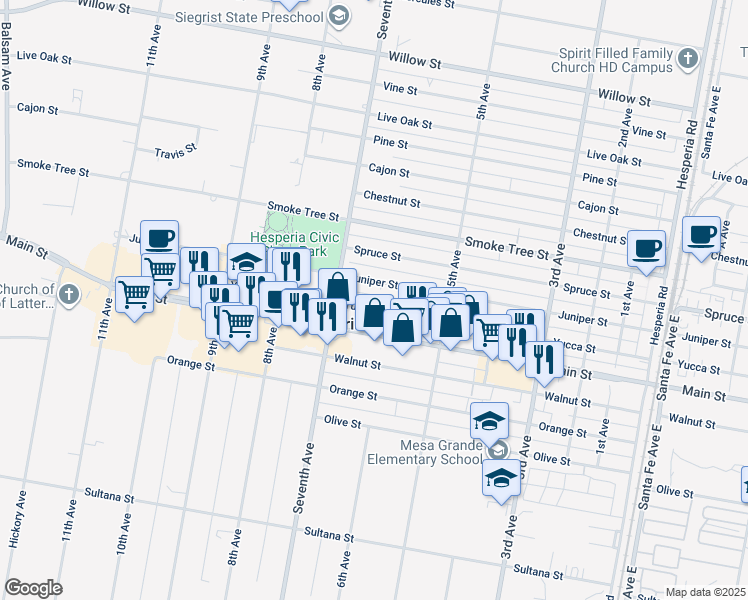 map of restaurants, bars, coffee shops, grocery stores, and more near 16005 Juniper Street in Hesperia