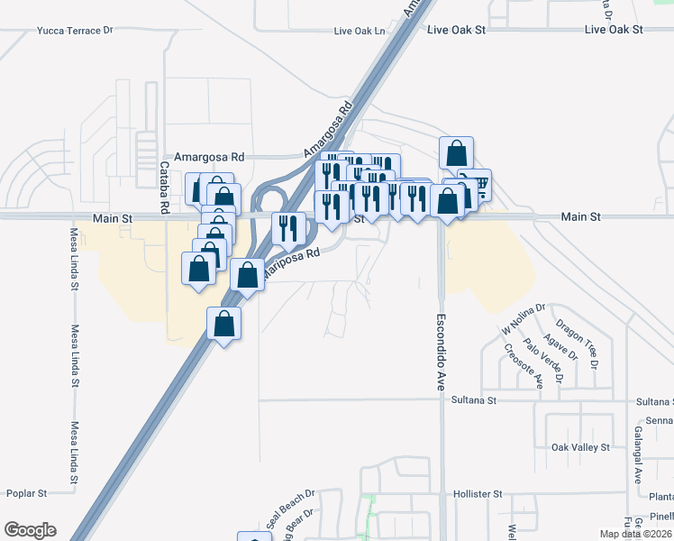 map of restaurants, bars, coffee shops, grocery stores, and more near 9619 Mariposa Road in Hesperia