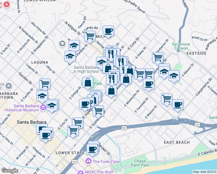 map of restaurants, bars, coffee shops, grocery stores, and more near 706 Bond Avenue in Santa Barbara