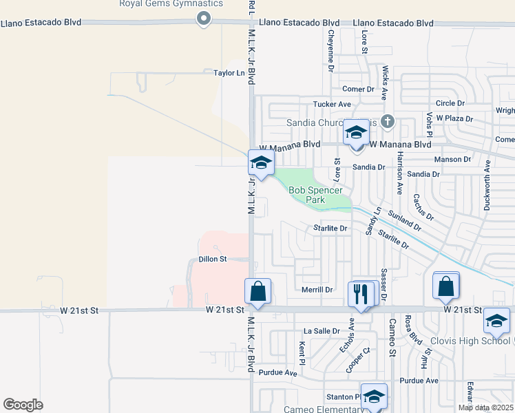 map of restaurants, bars, coffee shops, grocery stores, and more near 2605 Martin Luther King Junior Boulevard in Clovis