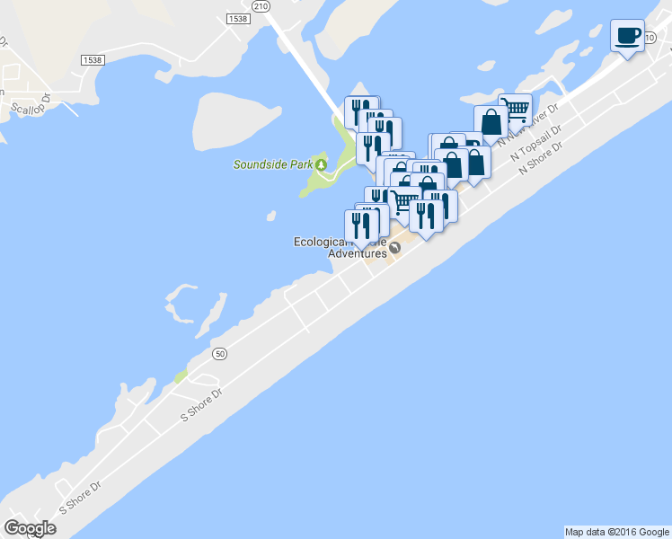 map of restaurants, bars, coffee shops, grocery stores, and more near 315 South Topsail Drive in Holly Ridge