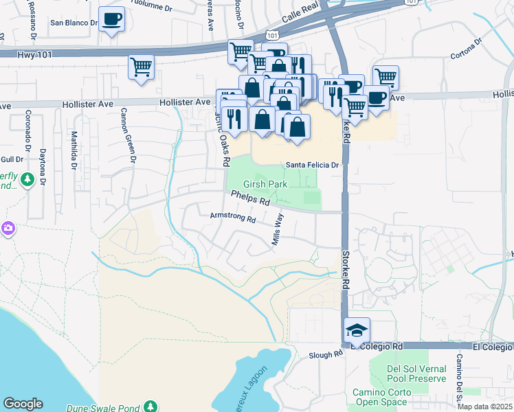 map of restaurants, bars, coffee shops, grocery stores, and more near 421 Pepperdine Court in Goleta