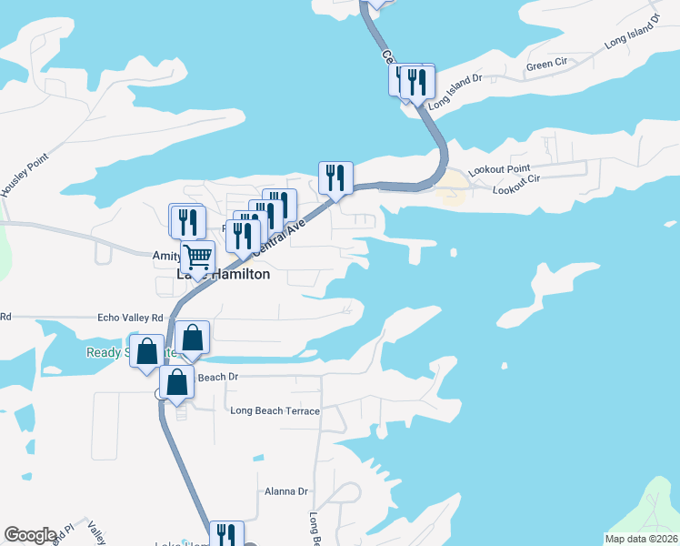 map of restaurants, bars, coffee shops, grocery stores, and more near 223 Viewpoint Drive in Lake Hamilton