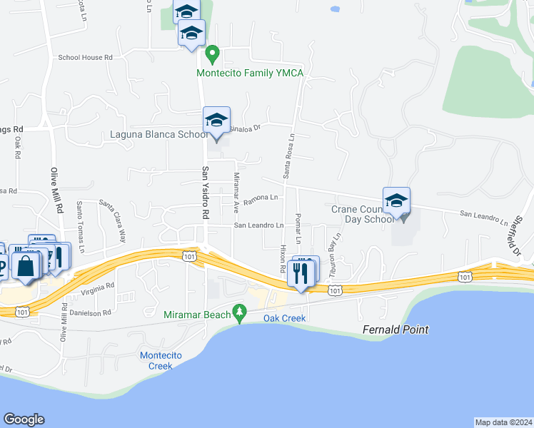 map of restaurants, bars, coffee shops, grocery stores, and more near 1586 San Leandro Lane in Montecito