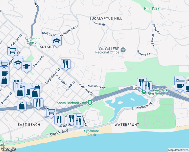 map of restaurants, bars, coffee shops, grocery stores, and more near 47 Ocean View Avenue in Santa Barbara