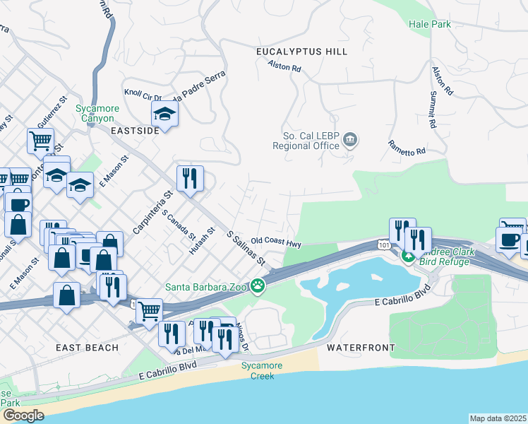 map of restaurants, bars, coffee shops, grocery stores, and more near 47 Ocean View Avenue in Santa Barbara