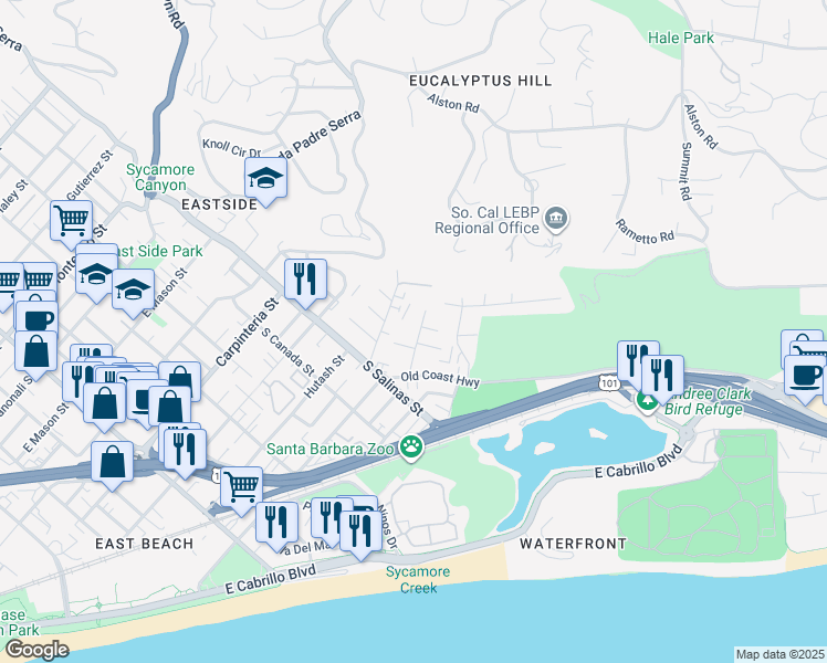 map of restaurants, bars, coffee shops, grocery stores, and more near 47 Ocean View Avenue in Santa Barbara