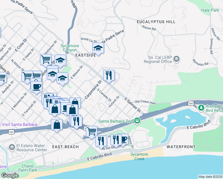 map of restaurants, bars, coffee shops, grocery stores, and more near 1328 Ensenada Avenue in Santa Barbara